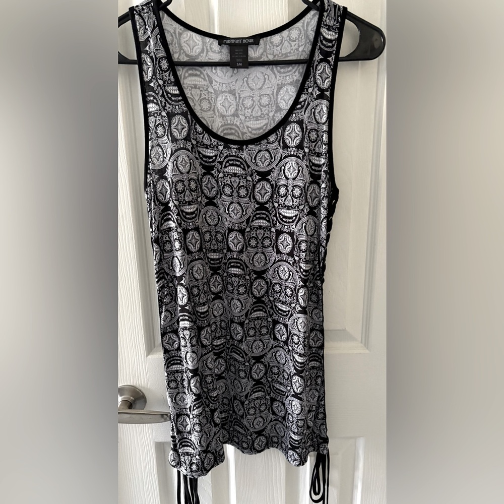 Midnight Hour All Over Sugar Skull Lace Up Long Tank Top. Punk. Goth. Rock. Y2K.